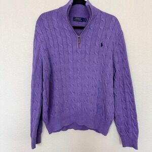 Polo Ralph Lauren Purple Cable Knit Quarter Zip Sweater Mens Large Leather Pull